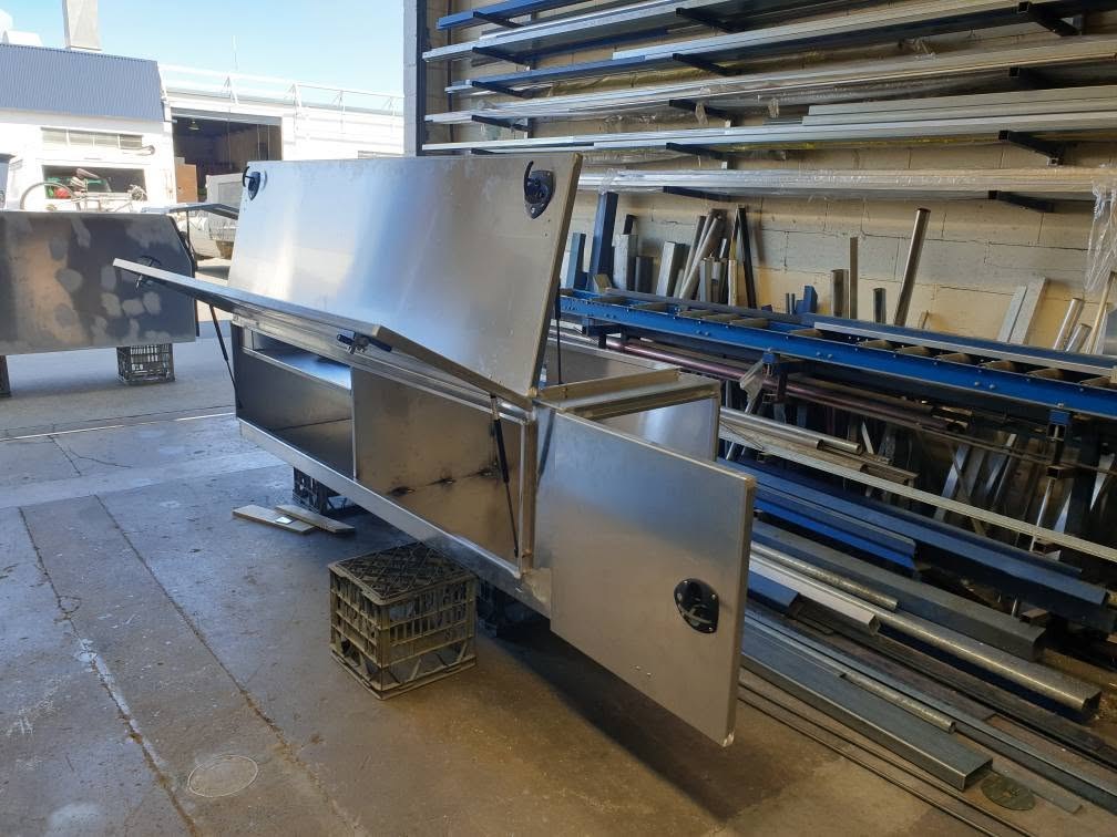 An aluminium toolbox canopy open on the BWC Stainless shop floor