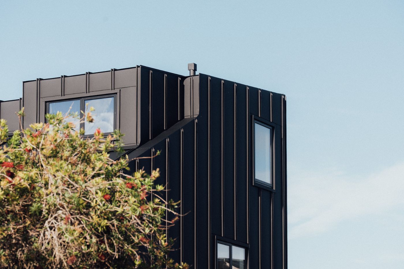 Standing-seam cladding corner detail, close up
