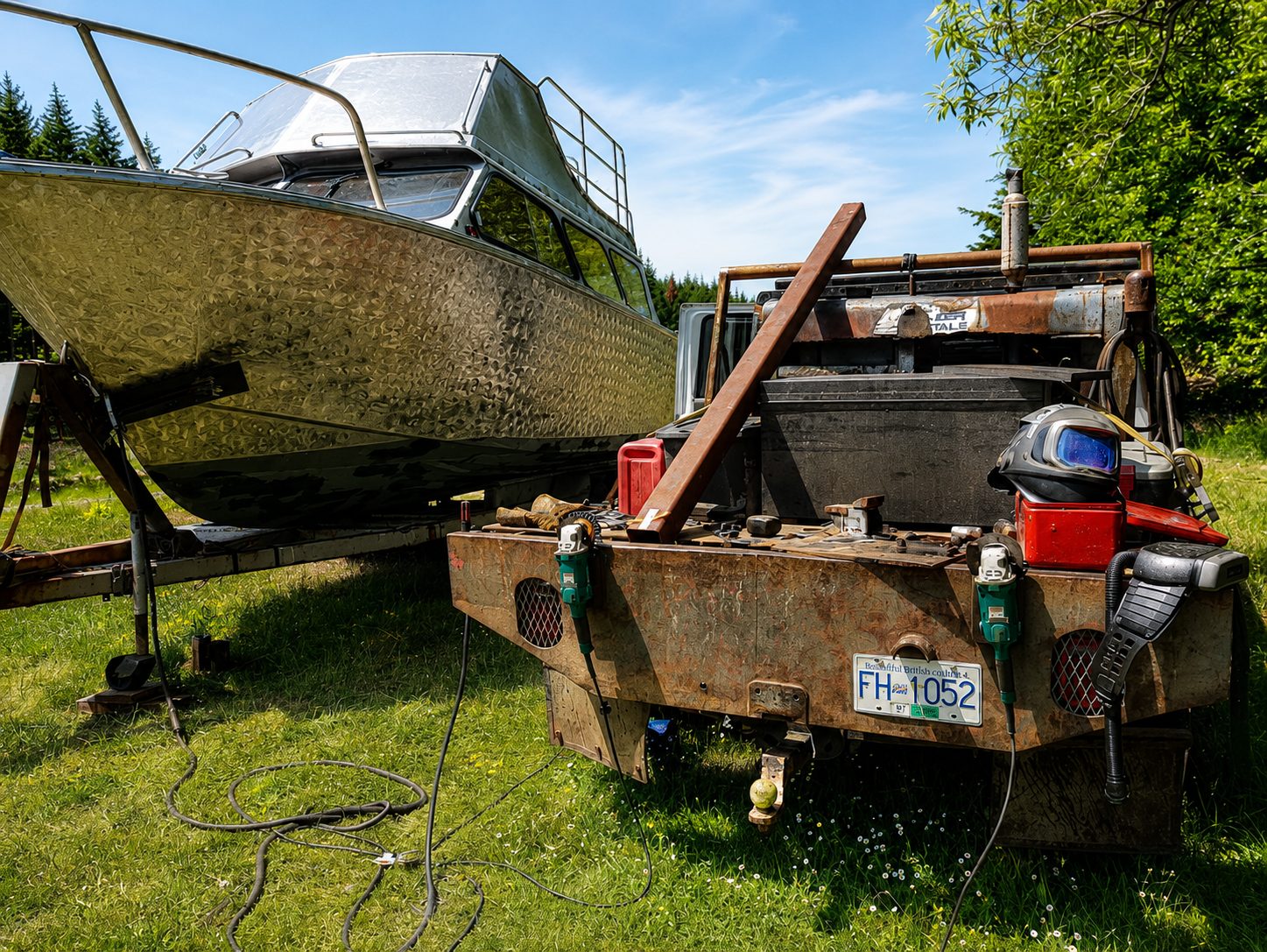A boat and trailer rig in for repair