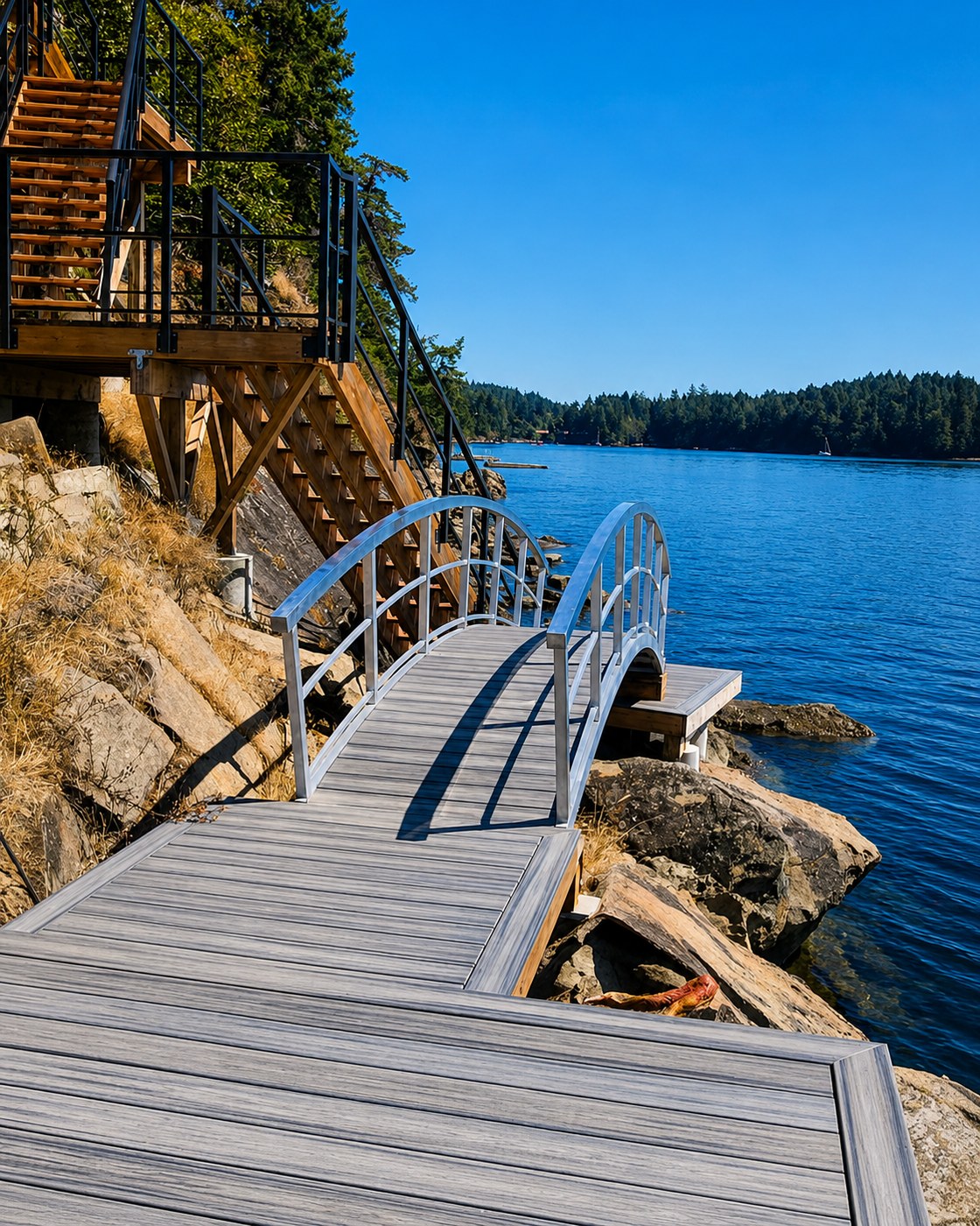 A steel walkway down a rock face to the water