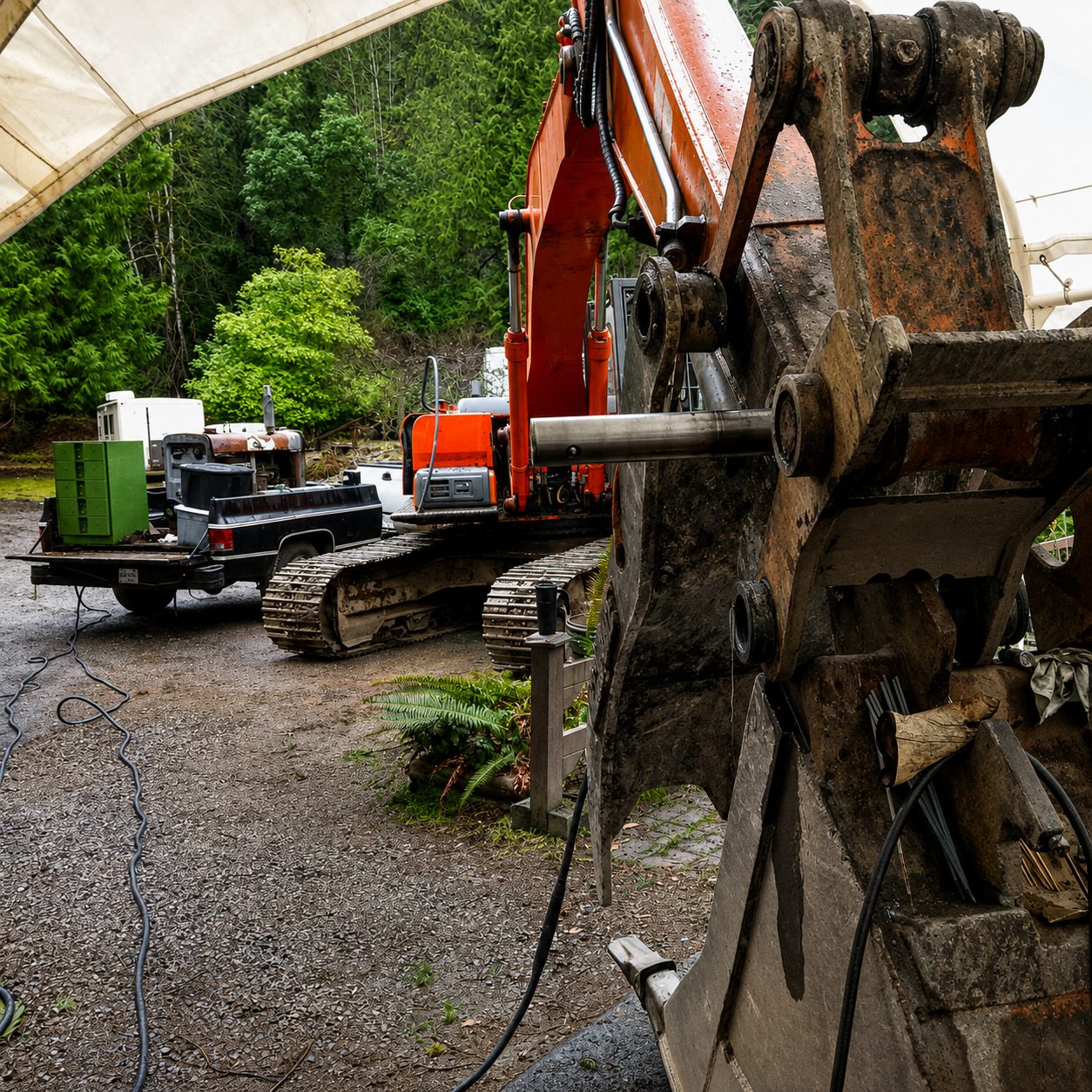 An excavator bucket in for repair on site