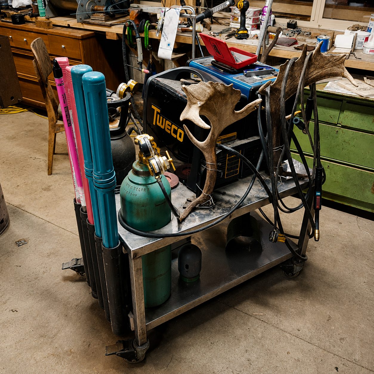 A welding cart in the Mayne Island Metal shop