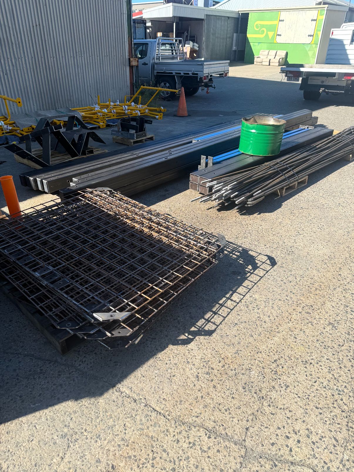 Fabricated steel beams, brackets and reinforcing mesh staged in the Redcliffe and Offer Steel yard
