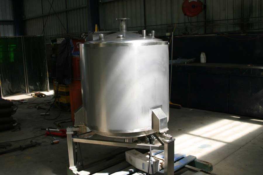 A stainless mixing tank on the Sandwith workshop floor