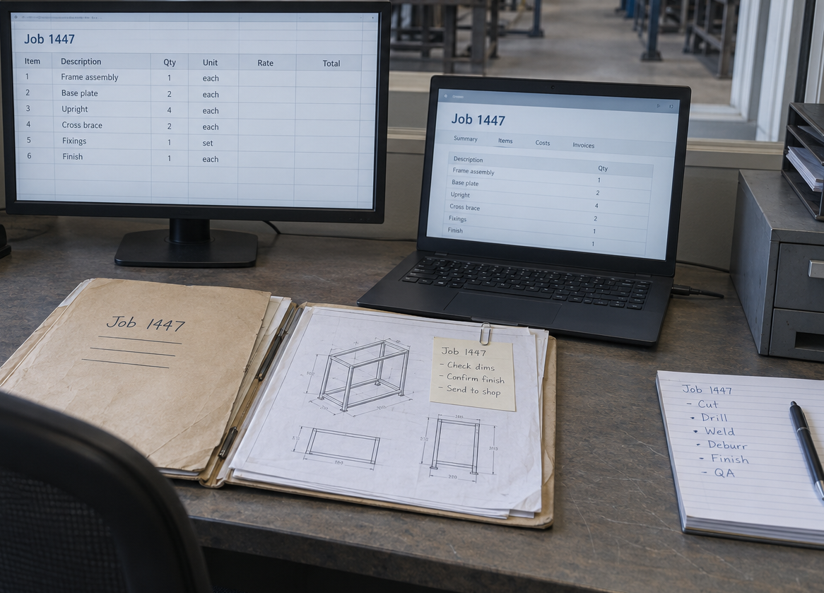 One job written down in four places on a fab shop office desk: a quoting spreadsheet for job 1447 on the monitor, the same job typed again on the laptop beside it, a paper job folder holding the drawing with a note clipped to it, and a handwritten step list on a notepad
