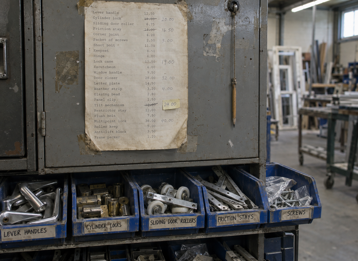 A yellowed supplier price list taped to a cupboard door above bins of window and door hardware, several prices pencilled over