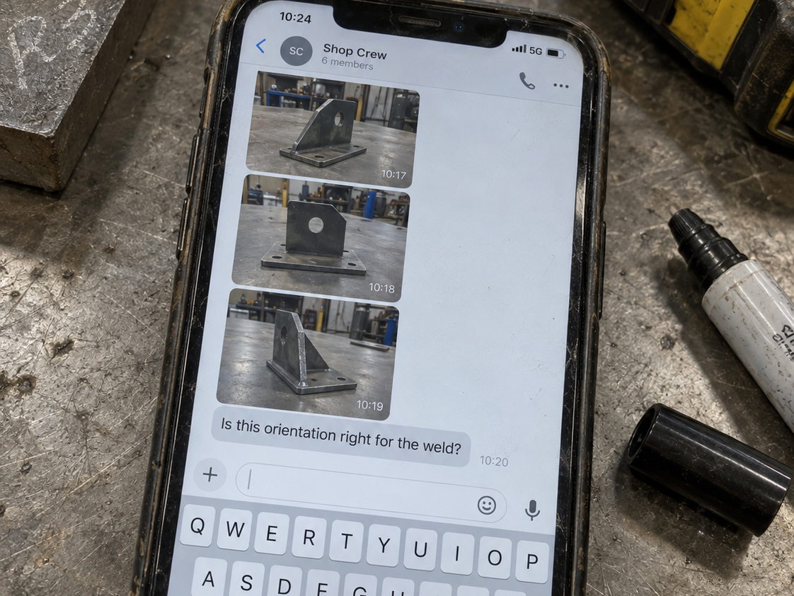 A phone on a steel bench showing the shop group chat: three photos of the same bracket sent one after another, a question typed underneath and no reply