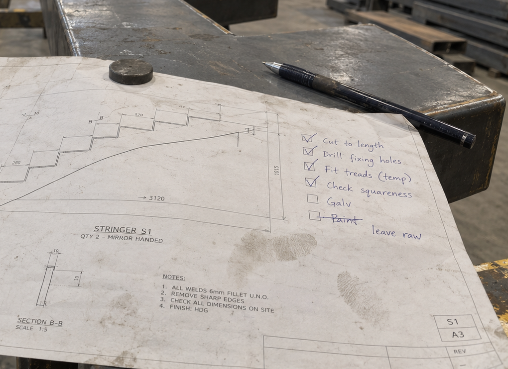 A printed shop drawing weighted down on a fabricated stair stringer, a hand-written tick list down the right margin: four steps ticked in pen, Galv still open and Paint crossed out with leave raw written beside it