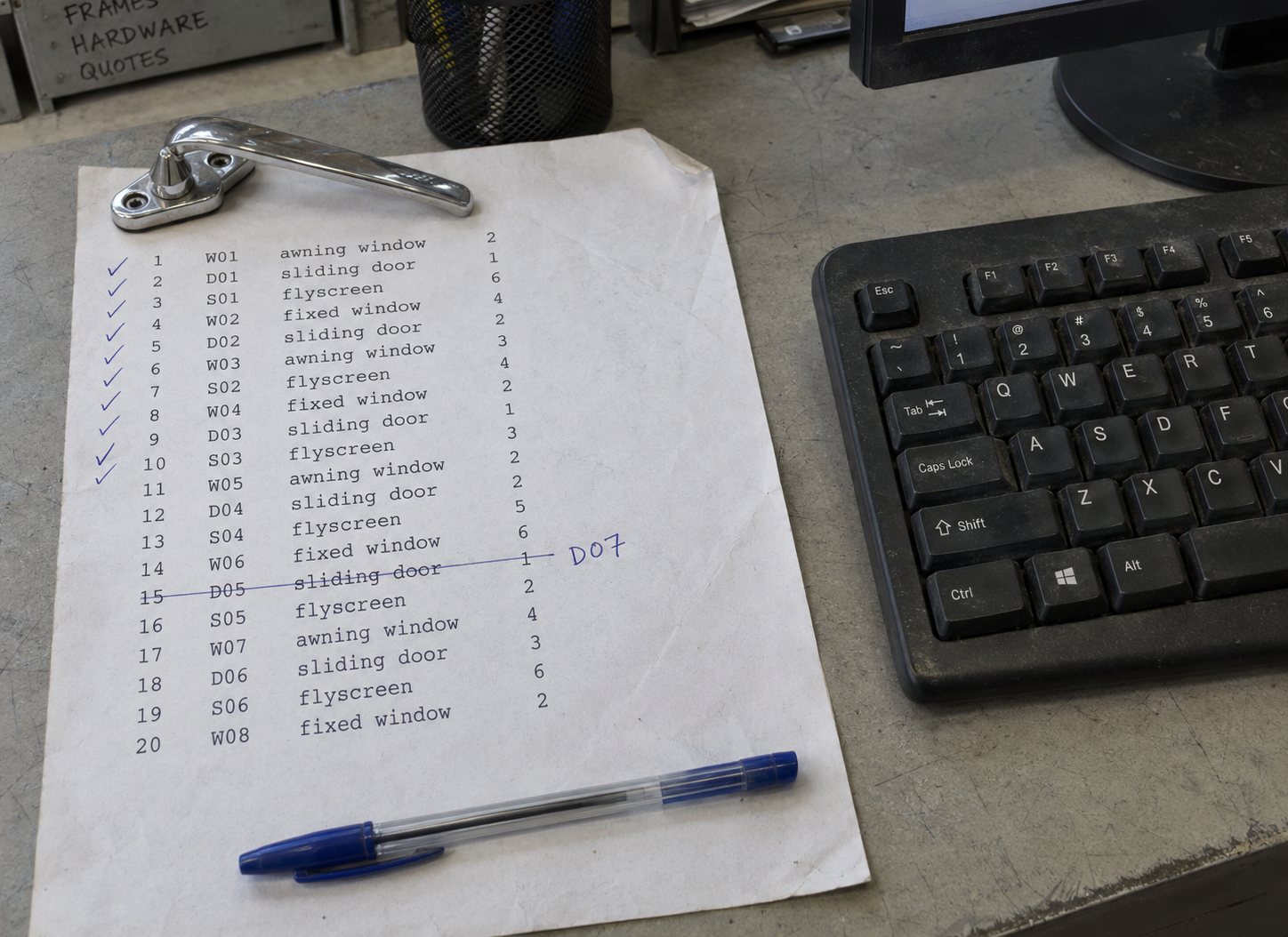 A window and door schedule printed off the design program, propped against the monitor with half its rows ticked off in pen, beside a keyboard pulled forward