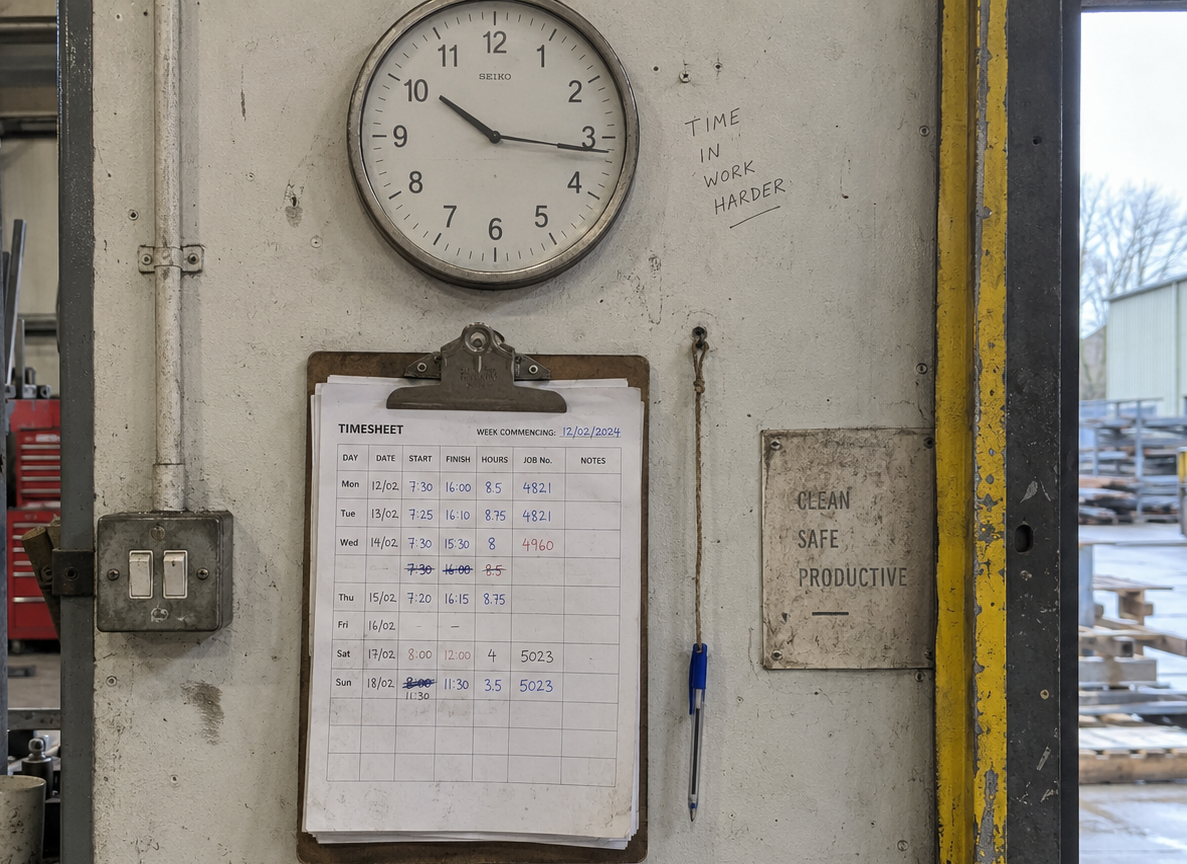 A clipboard of paper timesheets hanging on the shop wall under a clock, hours filled in by hand with entries crossed out and rewritten, a biro on a string beside it