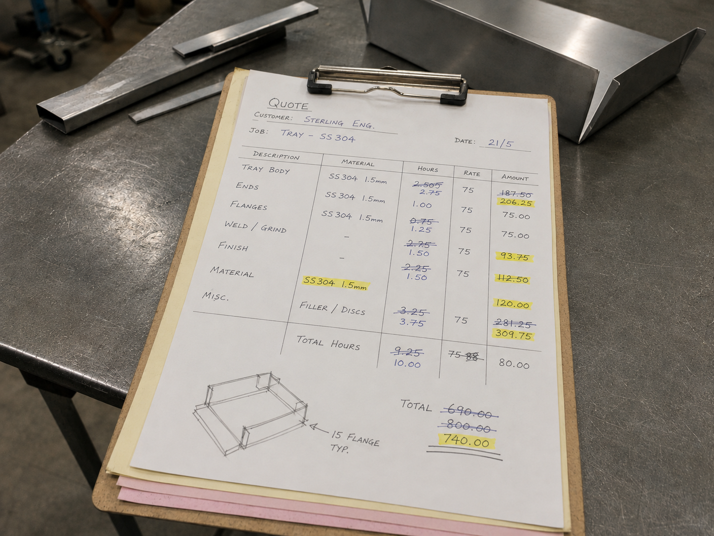 Quote worksheet filled in by hand on a clipboard, calculator beside it on a stainless bench