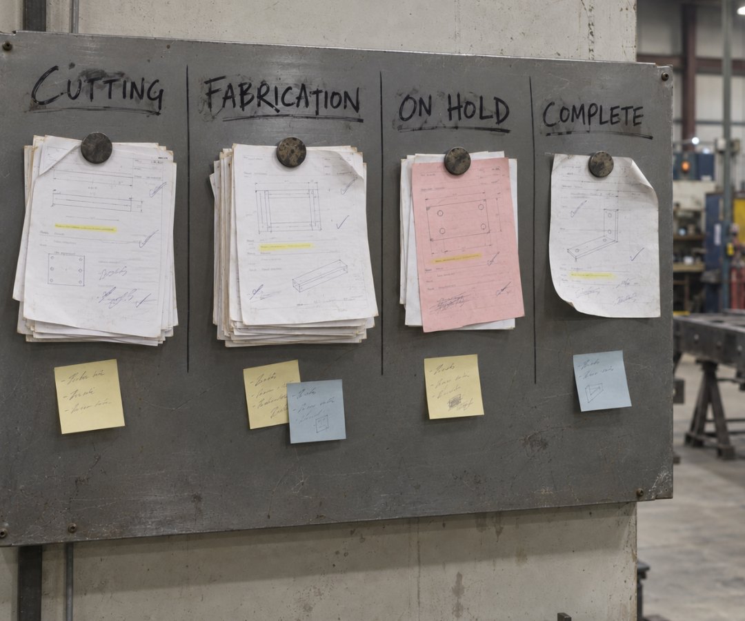 A steel shop board with CUTTING, FABRICATION, ON HOLD and COMPLETE written across the top in marker, and a wad of paper job sheets pinned under a magnet beneath each heading