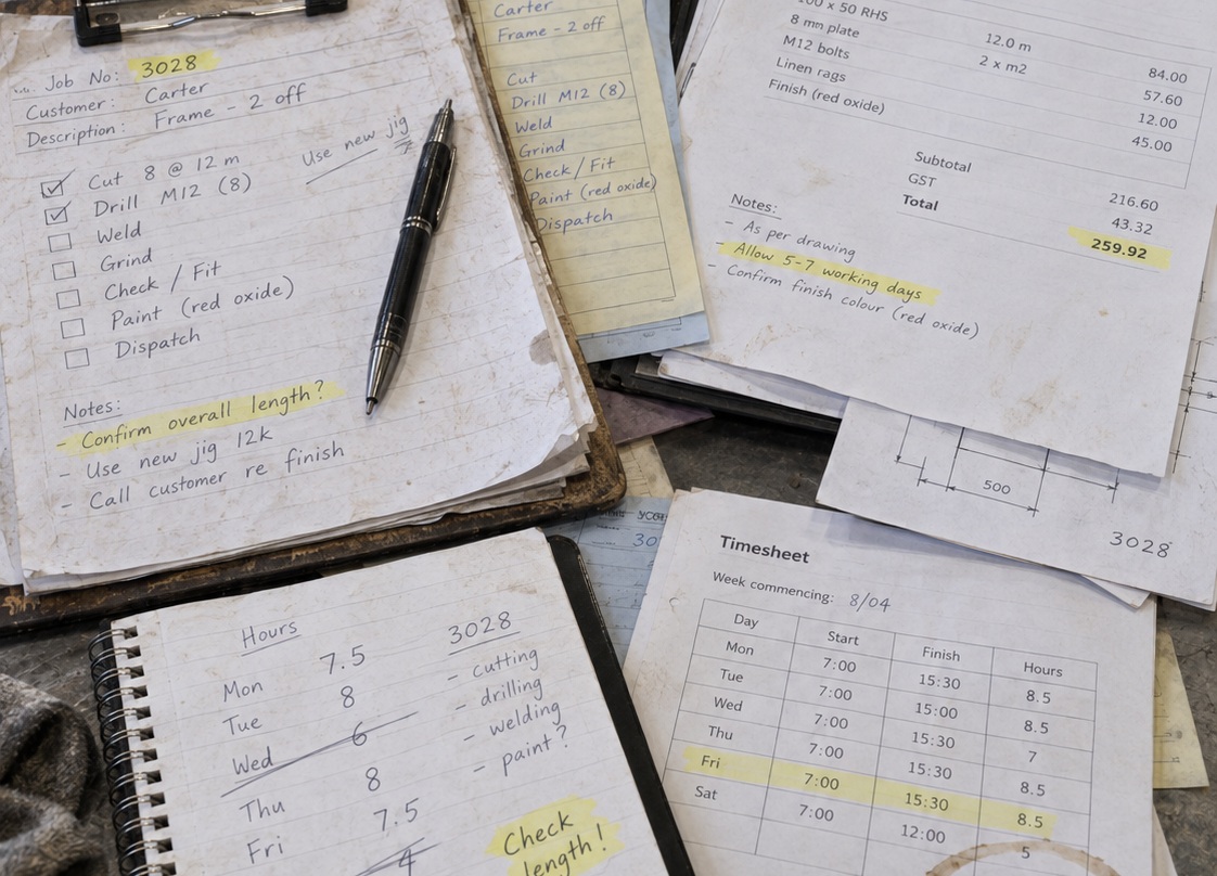 One job written down six times on a shop bench: a clipboard job sheet, a carbon job book, a printed quote, a notebook of hours, a paper timesheet, a delivery note and a material requisition, all for job 3028