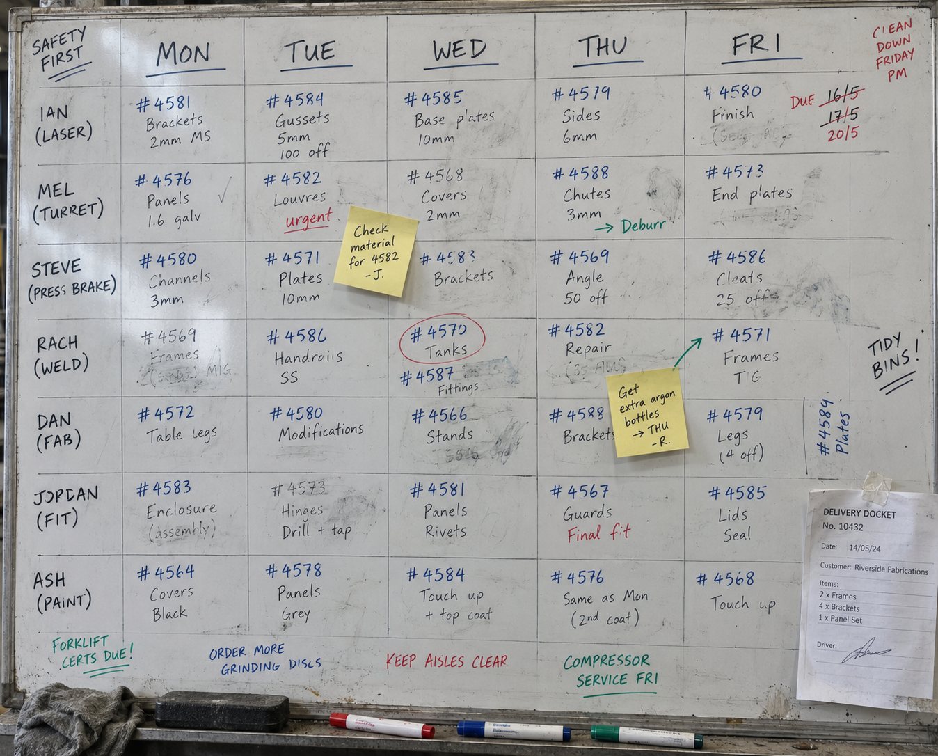 A shop whiteboard ruled up as the week: Monday to Friday across the top, seven crew and machines down the side, job numbers written in marker with a third of them rubbed out and rewritten, two sticky notes and a delivery docket taped to the corner